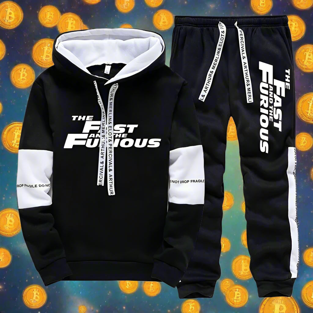 Black hoodie and pants set with 'The Fast and the Furious' text on a white background