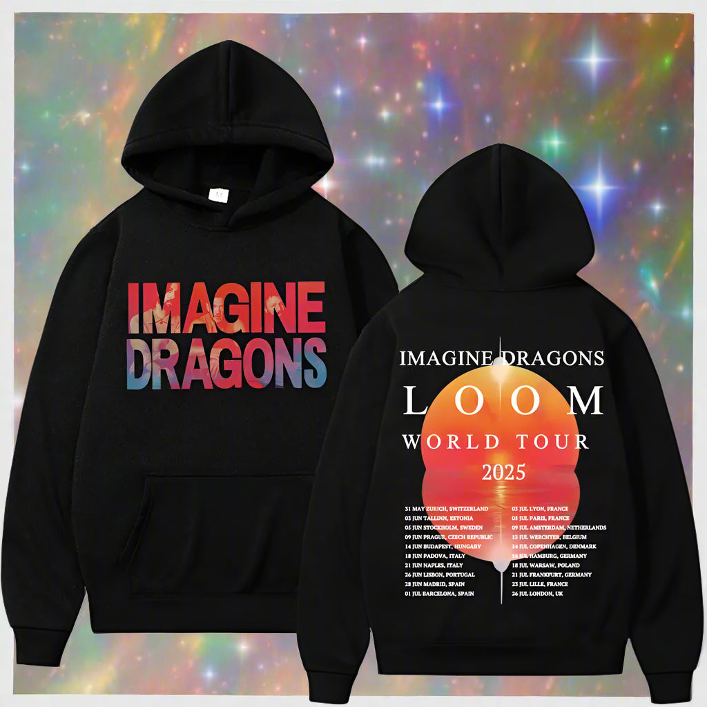 Black hoodie with 'Imagine Dragons' branding on the front and back, featuring a sunset design and tour details.