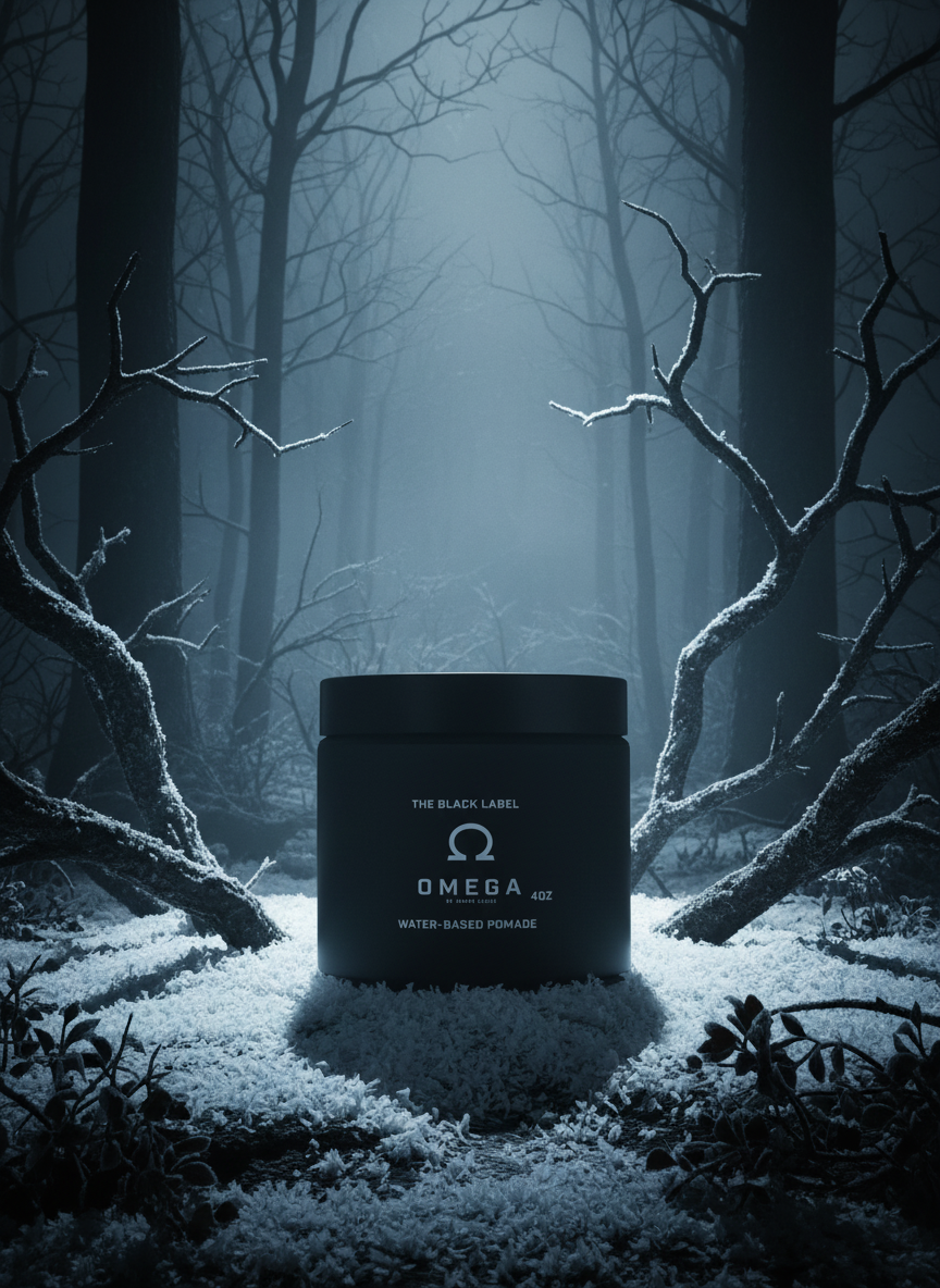 Black jar of Omega water-based pomade on a white background