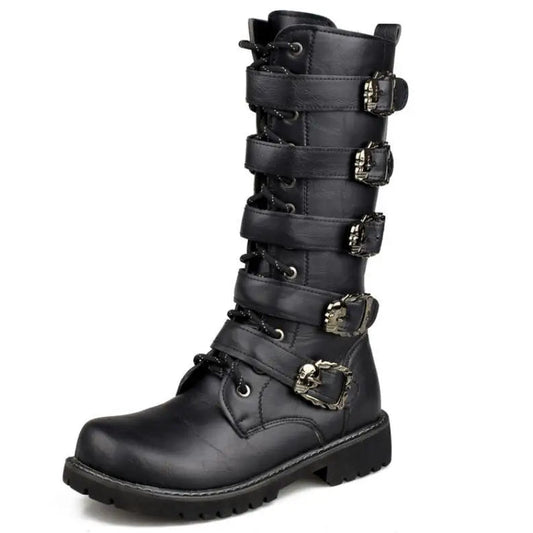 Black leather boot with multiple straps and buckles on a white background
