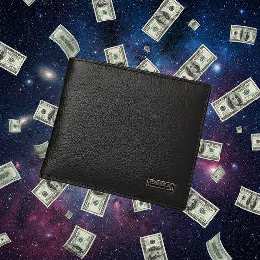 Black leather wallet on a wooden surface with a newspaper underneath