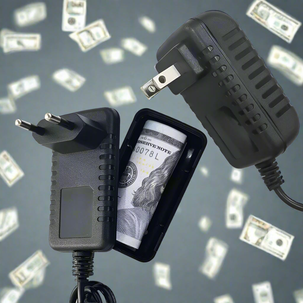 Black power adapter with a compartment holding a dollar bill on a white background