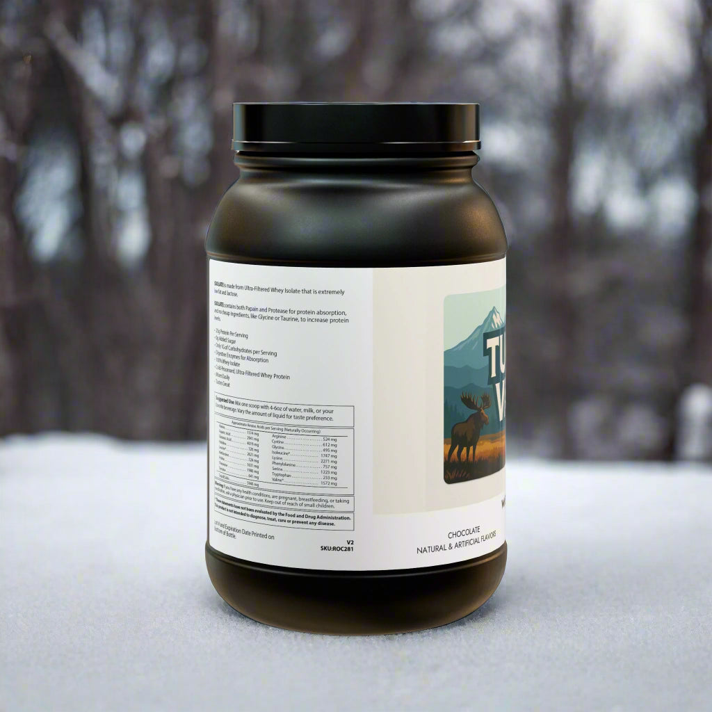 Black protein powder container with a label on a white background