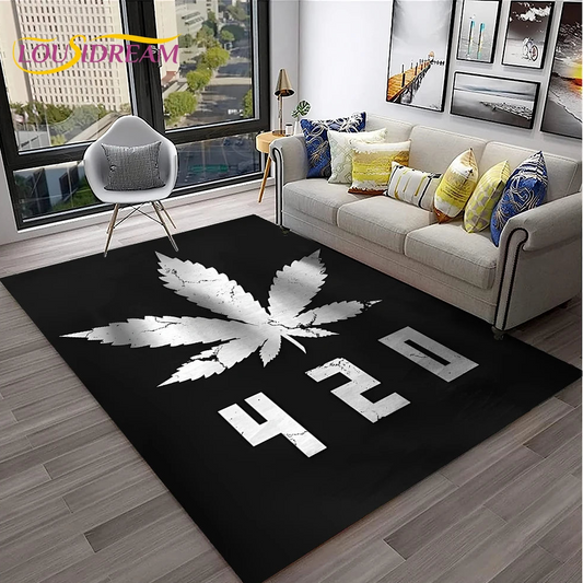 Black rug with white cannabis leaf and '420' text in a living room.