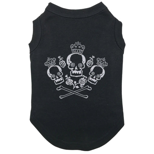Black sleeveless shirt with white skull and crossbones design on a white background