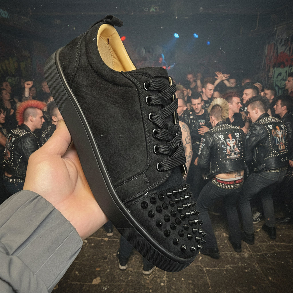Black suede sneaker with spiked sole held by a hand on a gray surface