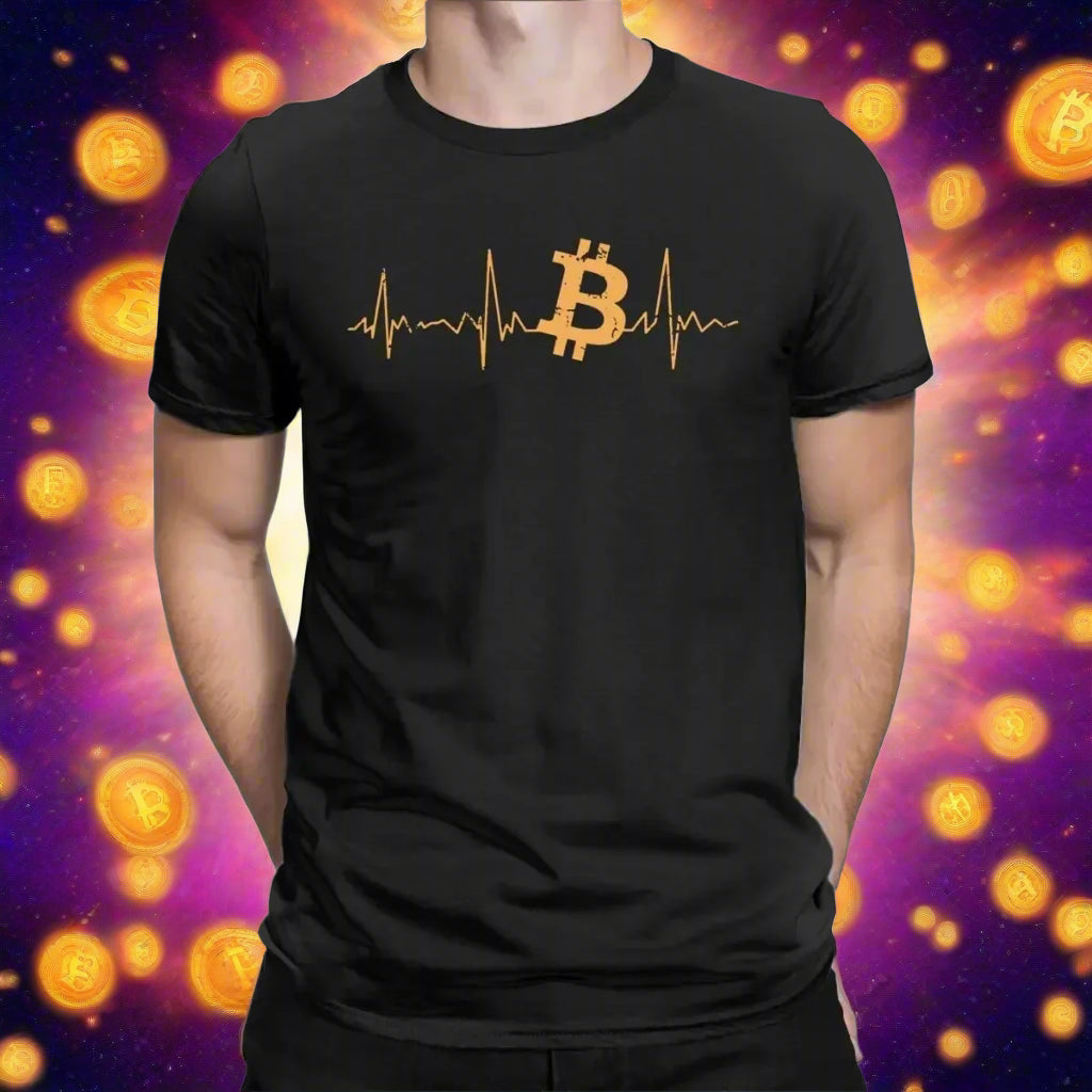 Black t-shirt with Bitcoin logo and heartbeat line design on a white background