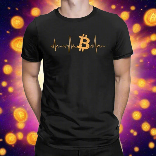 Black t-shirt with Bitcoin logo and heartbeat line design on a white background