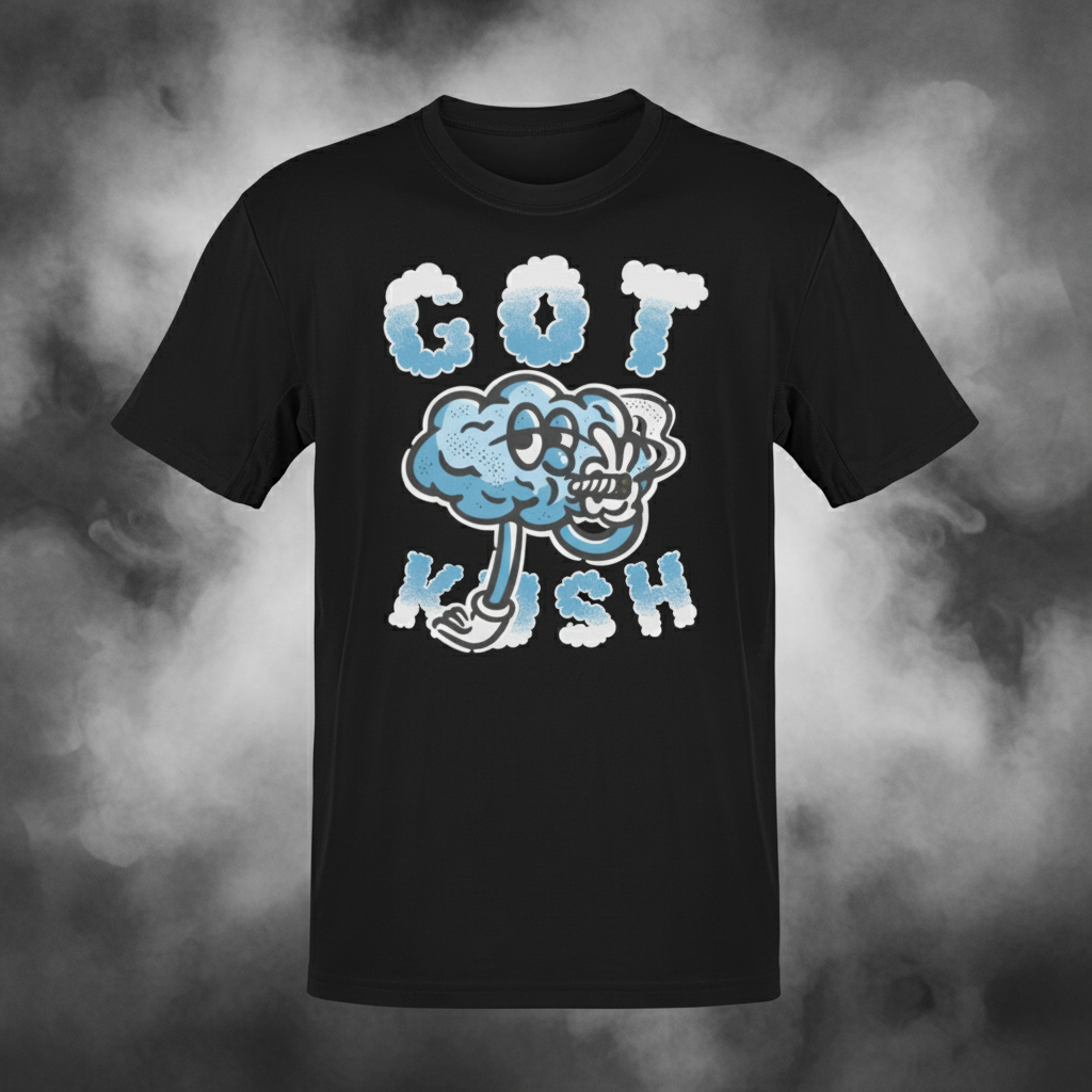 Black t-shirt with 'GOT KUSH' graphic design on a white background