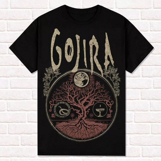 Black t-shirt with 'Gojira' logo and tree design on a white brick wall background