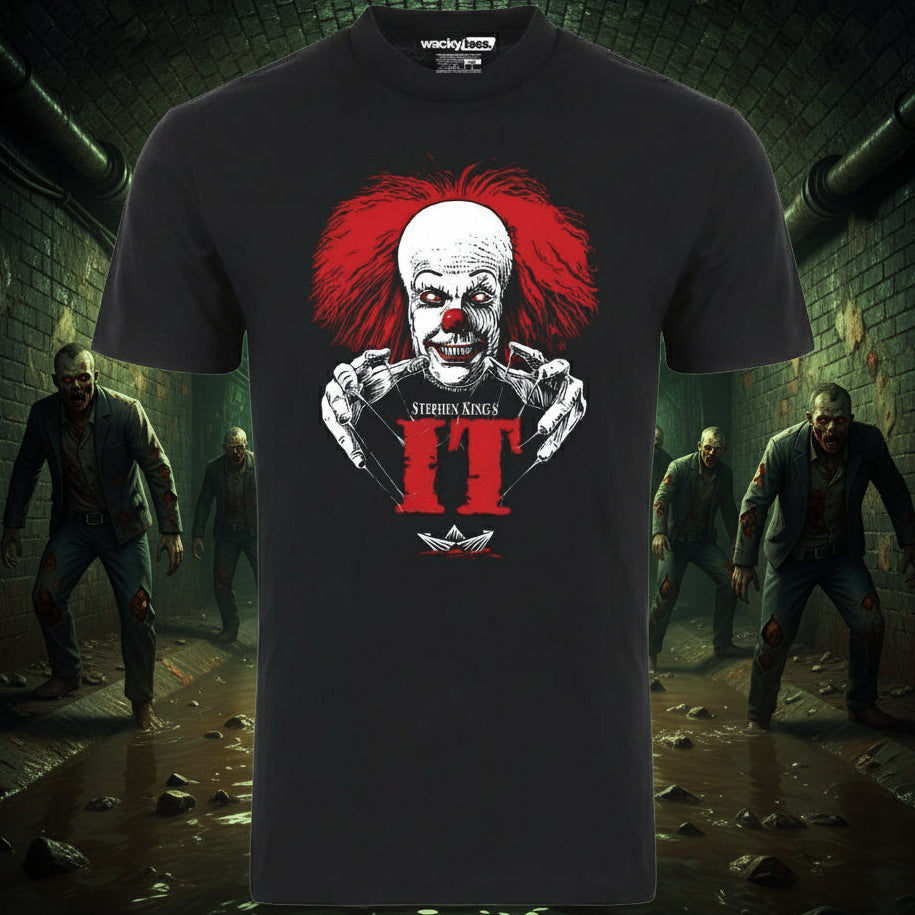 Black t-shirt with a clown graphic and 'Stephen King's IT' text on a white background