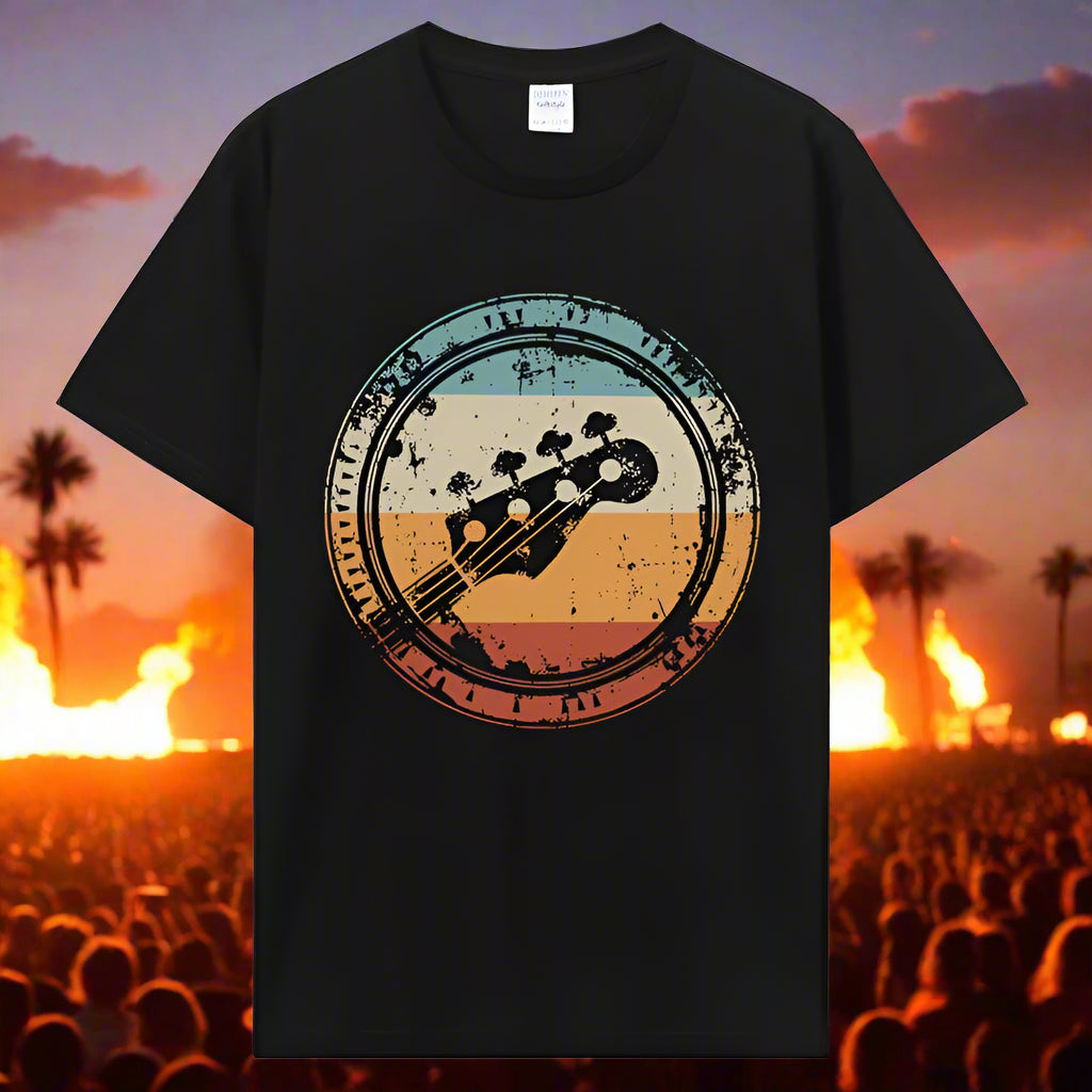 Black t-shirt with a colorful graphic of a guitar on a white background