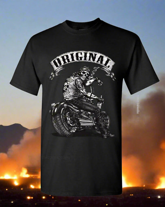 Black t-shirt with a graphic of two skeletons on a motorcycle and 'ORIGINAL' text.
