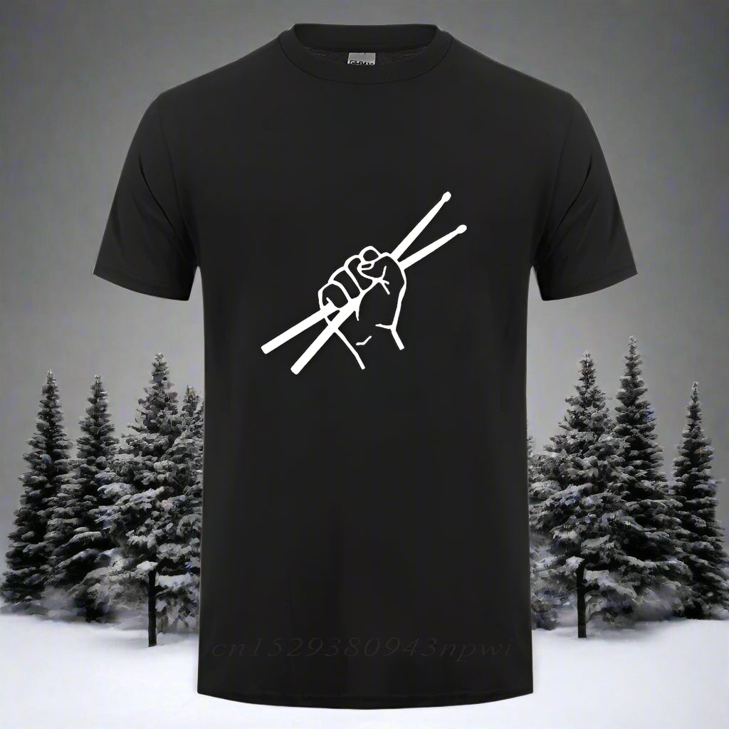 Black t-shirt with a white graphic of a hand holding chopsticks on a white background

