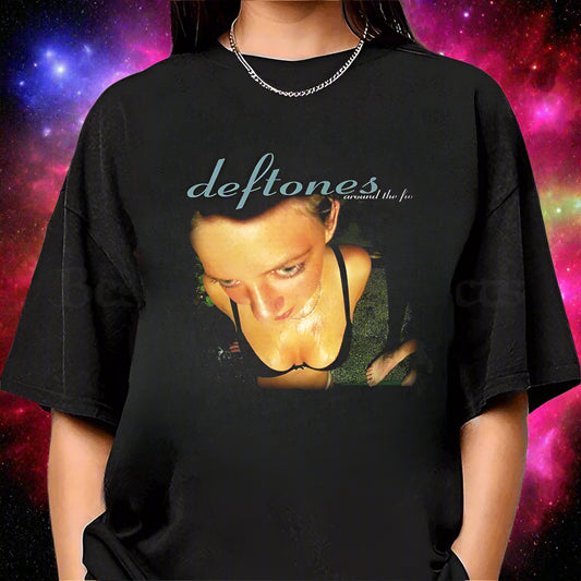 Black t-shirt with 'deftones' graphic design on a textured background