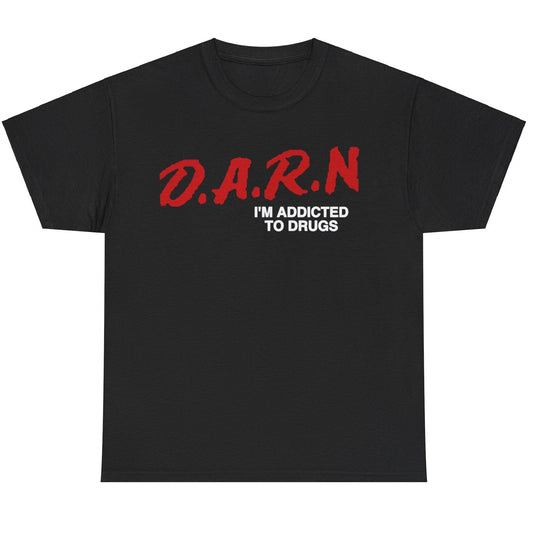 Black t-shirt with red and white text on a white background