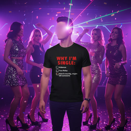 Black t-shirt with red and white text on a white background