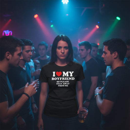 Black t-shirt with white text and a red heart on a white background