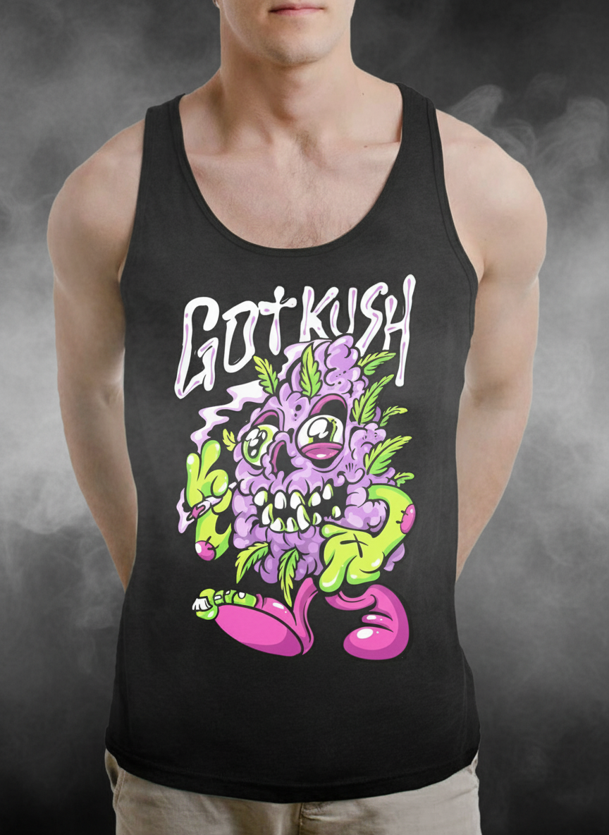 Black tank top with colorful graphic design and 'GOTKUSH' text on a white background