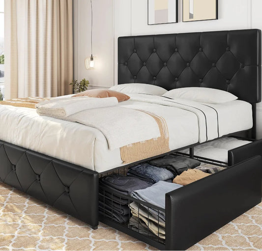 Black tufted bed with storage drawers in a bedroom setting
