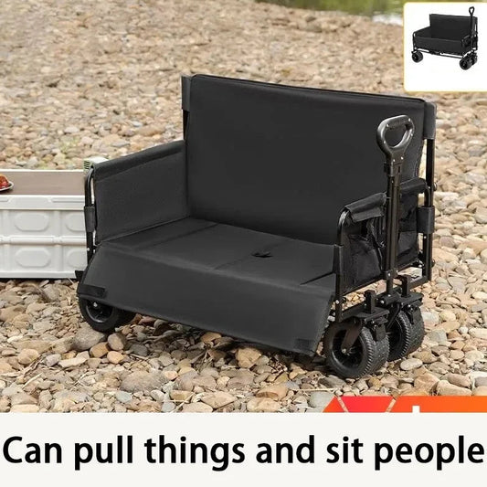 Black utility cart with seat on a gravel surface, inset showing folded state.