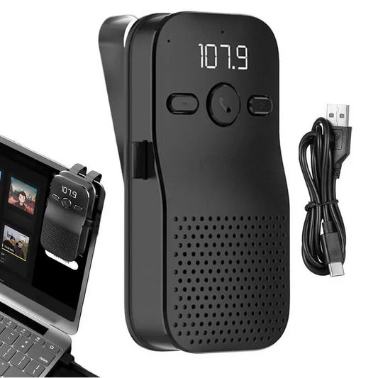 Black walkie-talkie with digital display, clip, and USB cable on a white background