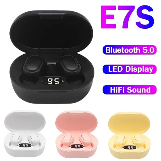 Black wireless earbuds in a charging case with 'E7S' branding and feature text.