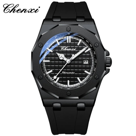 Black wristwatch with detailed face on a white background, featuring the brand 'Chenxi'.