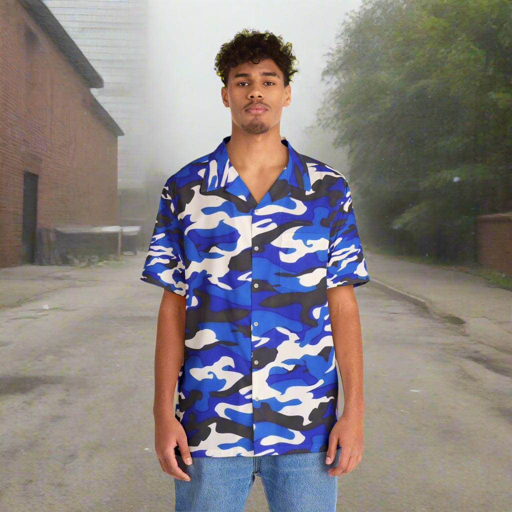 Blue Black White Camo Men's Hawaiian Shirt - Lizard Vigilante