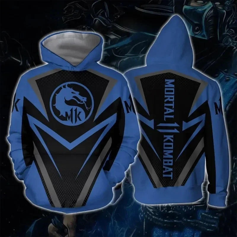 Blue and black hoodie with 'Mortal Kombat' logo on a dark background
