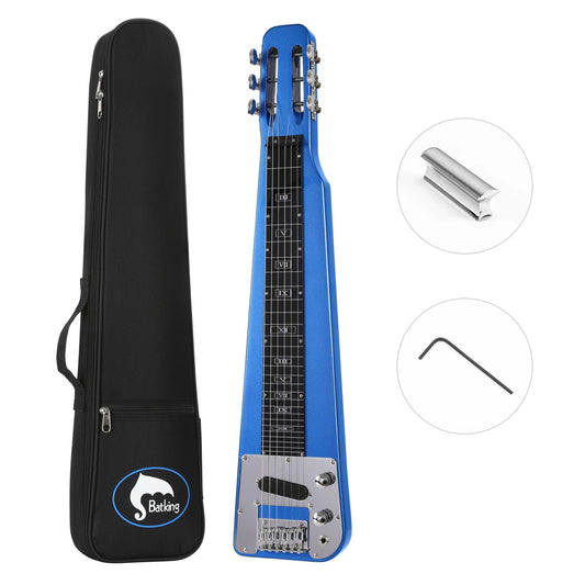 Blue and silver lap steel guitar with black case and tools on a white background
