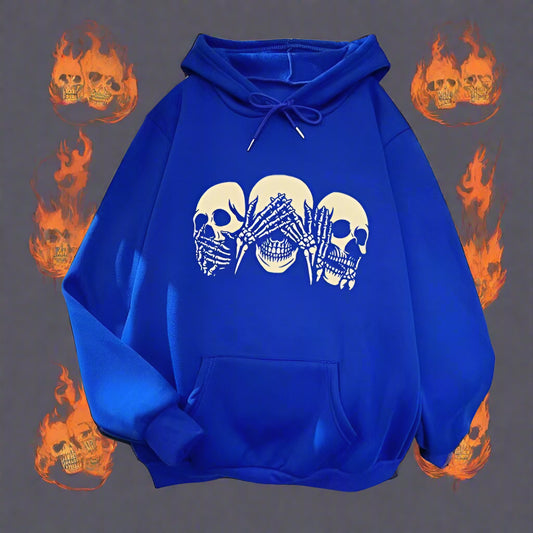 Blue hoodie with skeleton design on a textured surface