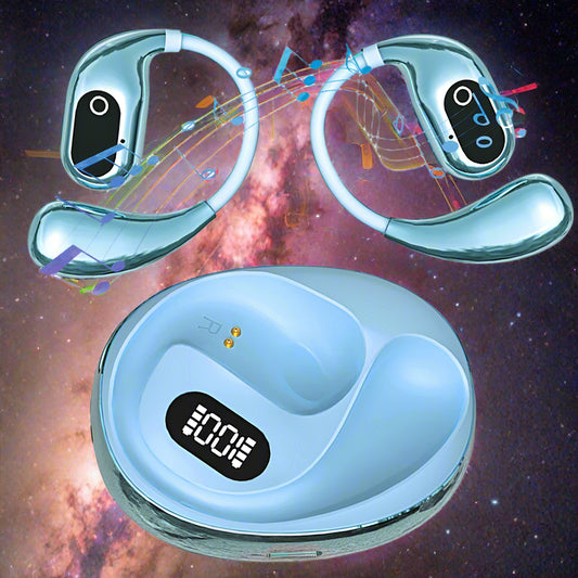 Blue wireless earbuds with charging case on a white background