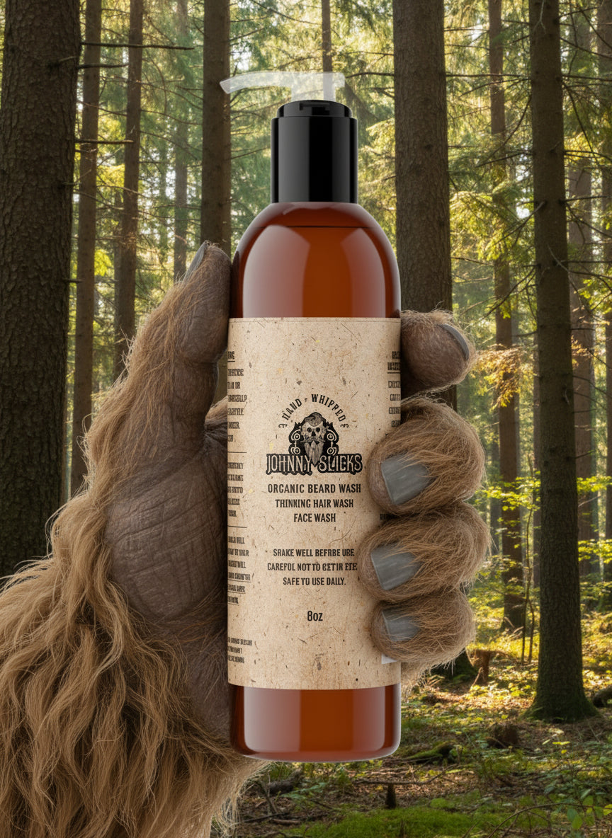 Bottle of Johnny Nysters organic hair wash with a brown label on a white background