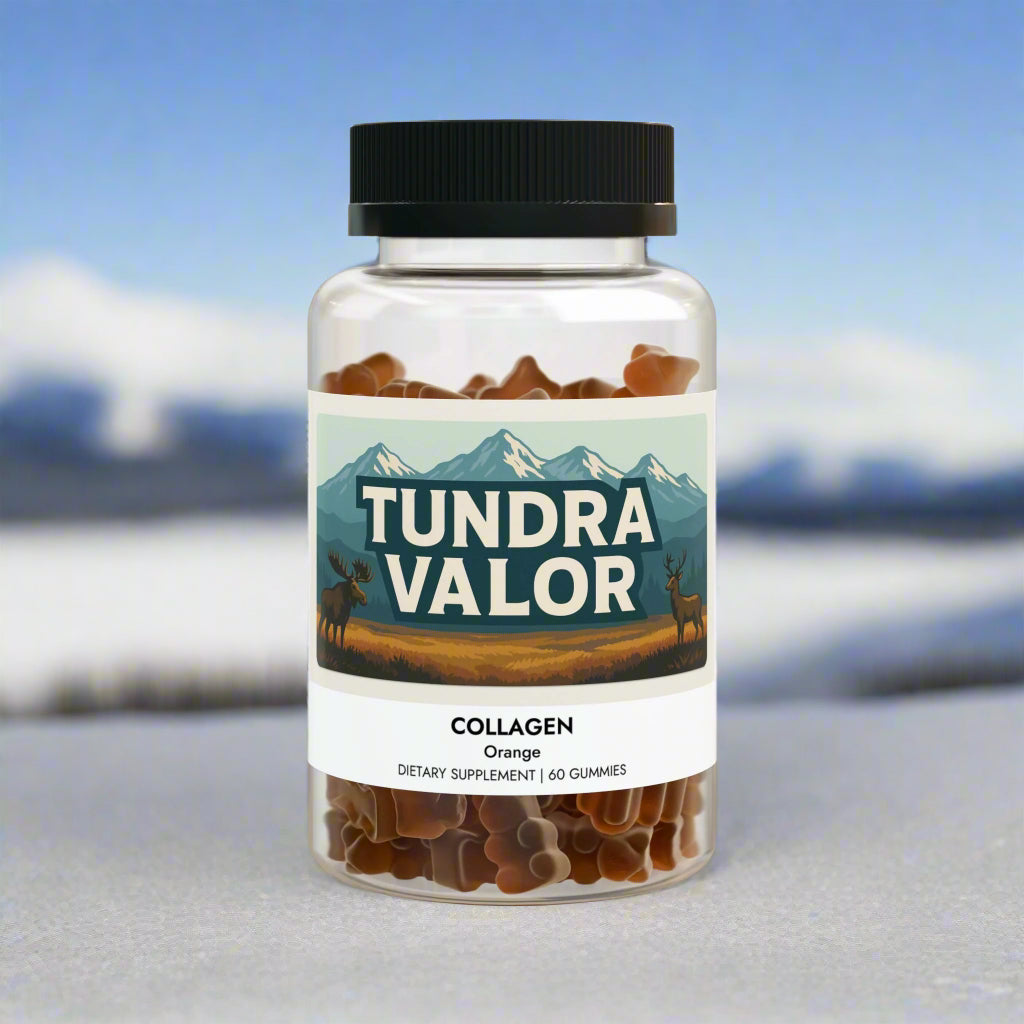 Bottle of Tundra Valor collagen gummies on a white background