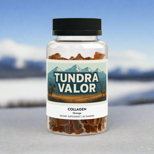 Bottle of Tundra Valor collagen gummies on a white background
