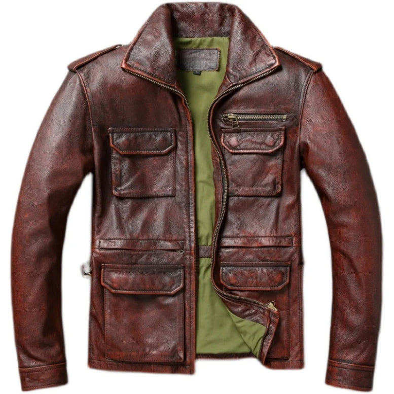 Brown leather jacket with multiple pockets on a white background