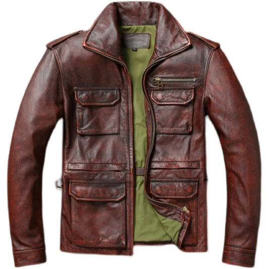 Brown leather jacket with multiple pockets on a white background