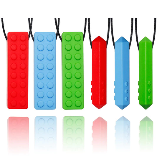 Chew Necklaces for Sensory Kids Chewy Necklaces for Autism and ADHD 6 Pack Silicone Pendants Chewies for Baby Teething Chewing Necklaces for Toddler Boys and Girls