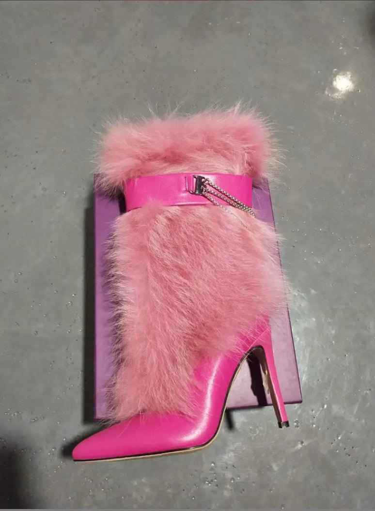 Pink Feather Pointed Toe Stiletto : Chain High Boots
