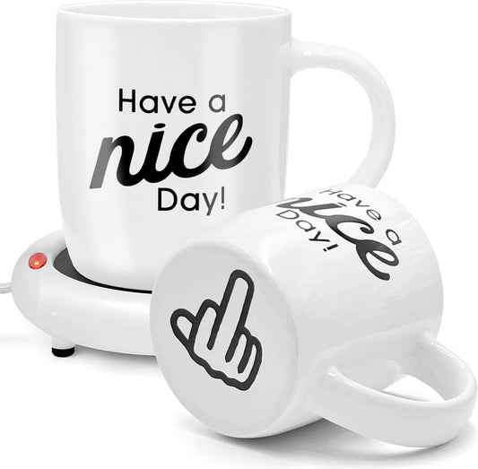 Funny Coffee Mug with Warmer Have a Nice Day Sarcastic Coffee Mug with Electric Heated Base - Novelty Christmas Gift Idea for Coworker/Coffee Lover, Men/Women (Gift Boxed)