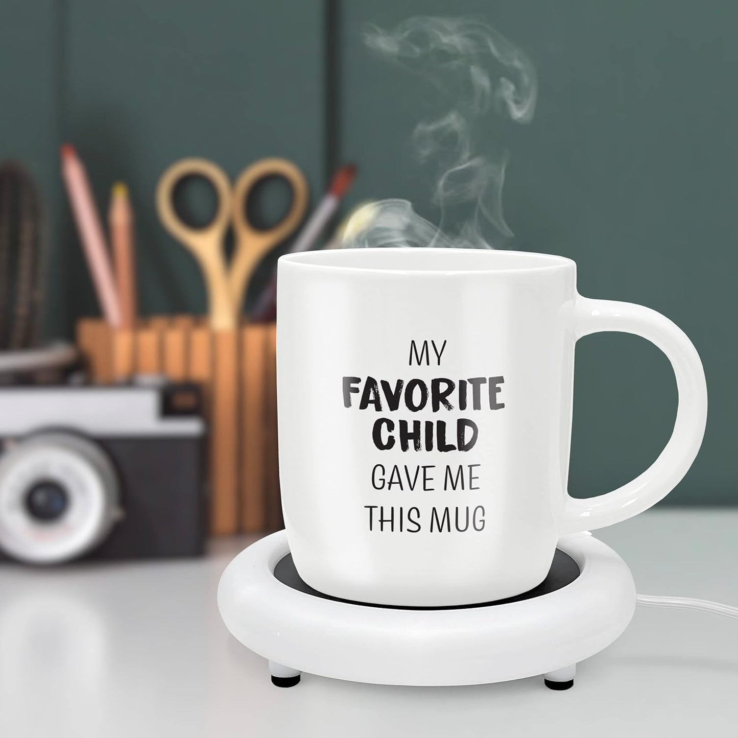 Coffee Mug with Electric Warmer, Gift for Mom or Dad with Heated Base - Great for Coffee Lover Parent, Birthday, Christmas, My Favorite Child Gave Me This Mug (12oz) Gift Boxed