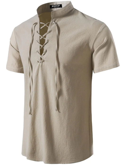 JEMITOP Mens Retro Renaissance Costume Short Sleeve Lace Up Shirts for Pirate Viking Medieval Vampire Halloween Cosplay Clothing Solid Khaki XXL