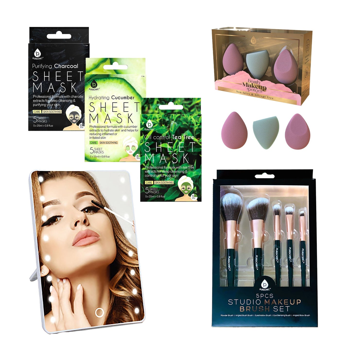 Pursonic Beauty Essentials Self-Care Bundle – Studio Brush Set, Touchscreen Vanity Mirror, Blenders, and Sheet Masks Collection