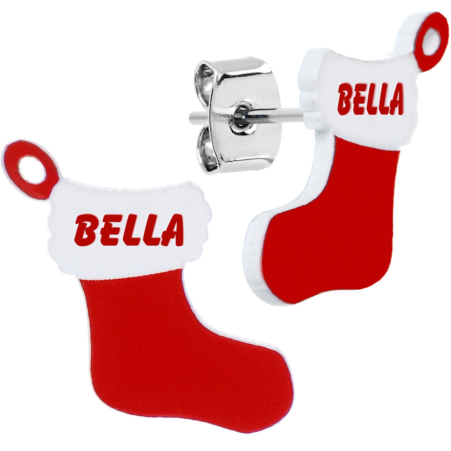 Custom Holiday Christmas Stocking Personalized Name Stud Earrings