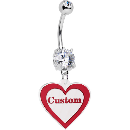 Custom Double Gem Red White Valentines Day Heart Personalized Dangle Belly Ring