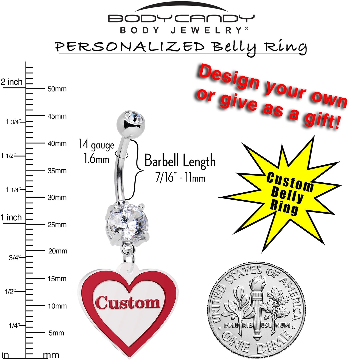 Custom Double Gem Red White Valentines Day Heart Personalized Dangle Belly Ring