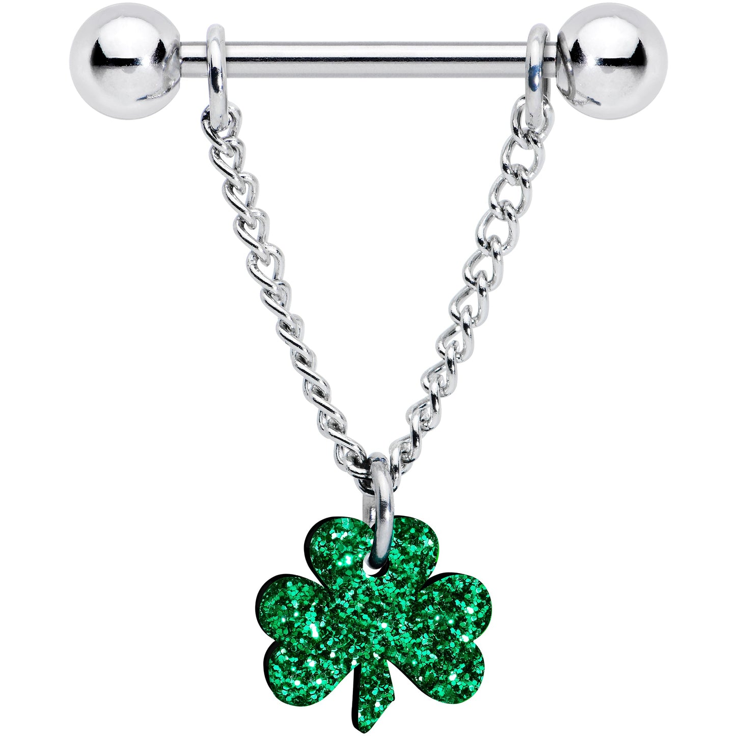 14G 5/8 Green Glitter Shamrock Chain Dangle Nipple Ring Set