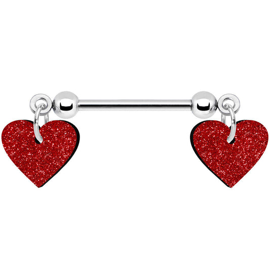 14G 5/8 Red Glitter Valentines Day Heart Nipple Ring Set