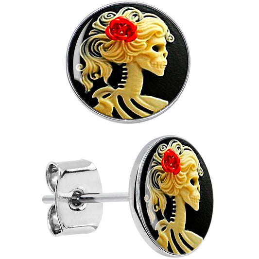 Red Rose Flower Skeleton Cameo Stud Earrings